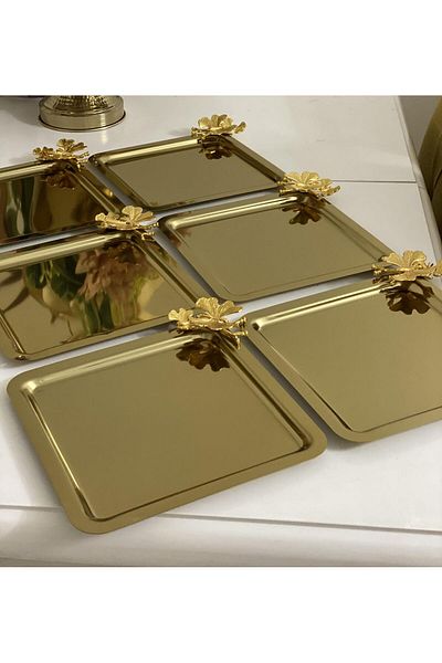 Kumsal Hediyelik Stainless Steel Square 6-Piece Gold Coffee, Tea, Decorative Presentation Serving Tray with Luxury Butterfly Accessories