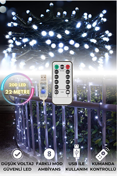 TechnoSmart 200 Ledli Usbli Kumandalı 8 Modlu Şerit Led Işık Parti Süsleme Organizasyon Beyaz Işık