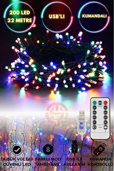 TechnoSmart 200 Ledli Usbli Kumandalı 8 Modlu Şerit Led Işık Parti Süsleme Organizasyon RGB Işık