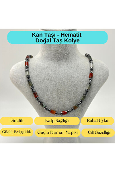 YILDIZ DOĞAL TAŞ Sertifikalı Kan Taşı ve Hematit Makrome Doğal Taş Kolye 55 -...