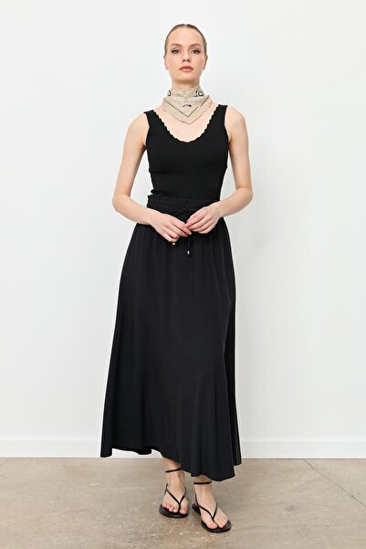 accort Beli Lastik Modal Uzun Etek-SİYAH