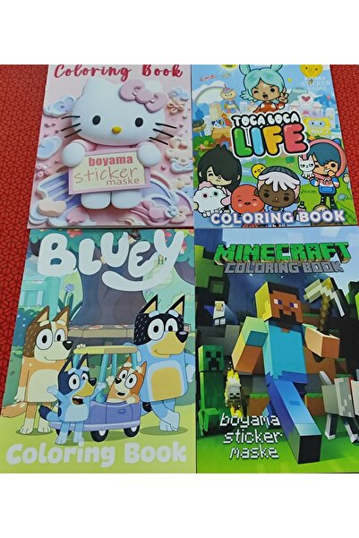 bundle island 4 adet stickerli boyama kitabı (*hello kitty*/toca boca/bluey'/minecraft figürlü)