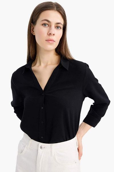 DeFacto Regular Fit Basic Plain Langarm Schwarzes Hemd K4655az25sp