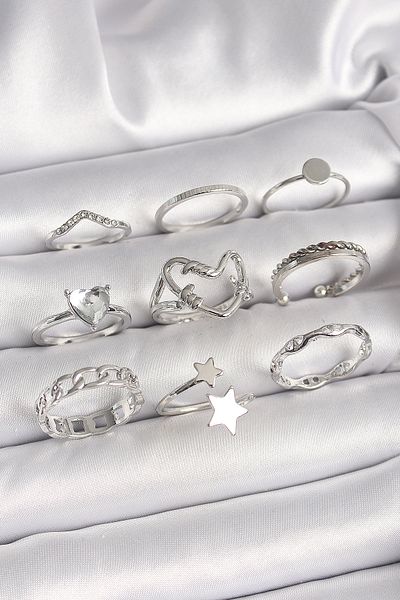 NEZADE STORE Brass Silver Color Zircon Stone Heart Figure Star Detail Women's Ring Combination - Lisinya