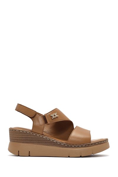 Derimod Women's Tan Strappy Wedge Heeled Leather Comfort Sandals 25Sfd 342018