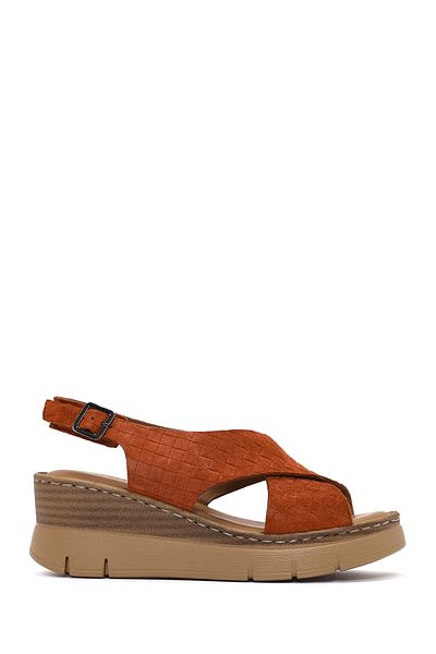 Derimod Women's Tan Ankle Buckle Wedge Heeled Leather Comfort Sandals 25Sfd 341810