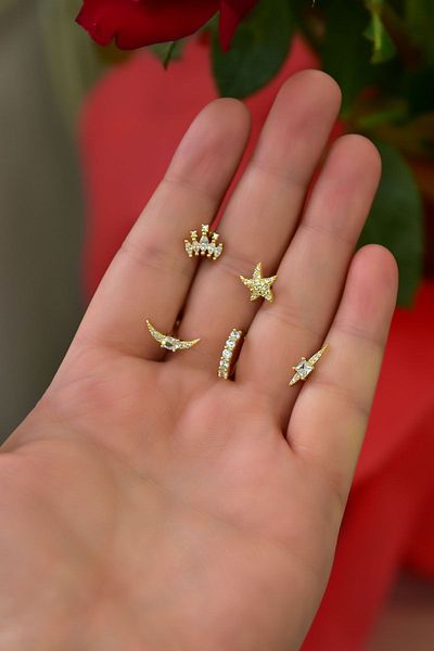 Papatya Silver Steel Yellow 5-Piece Combination Tragus Earrings Model18