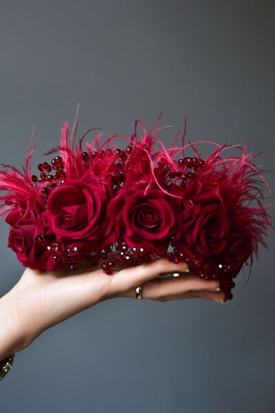 Papatya Silver تاج حناء زفاف الأميرة الزجاجي المطرز باللون العنابي والوردي