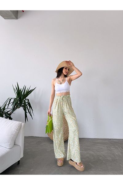 Fav Style Green Patterned Palazzo Trousers - High Waist Elastic