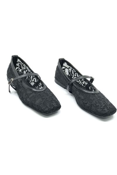 Kids Club Shoes Feles Lace Detailed Blunt Toe Women's Ballerina Shoes Black