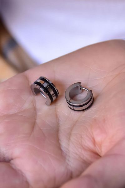 Papatya Silver Steel Black Striped White Hoop Earrings
