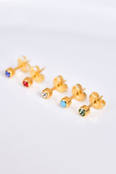 Papatya Silver Çelik Gold Kaplama Cerrahi Tektaş Çivili 5'li Kombin Küpe Model1