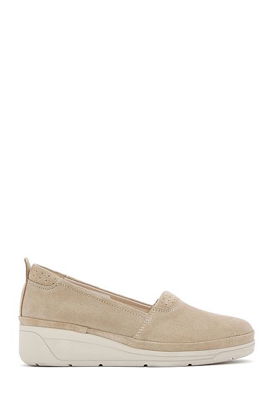 Derimod Women's Beige Wedge Heeled Suede Leather Comfort Loafer 25Sfd 501310