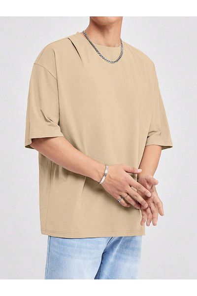 DUBU BUTİK Basic Single Jersey T-Shirt - Beige Oversize Crew Neck T-Shirt