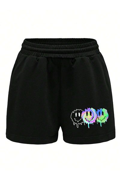 DUBU BUTİK Emojis Combed Cotton Shorts - Black Printed Short Without Cord