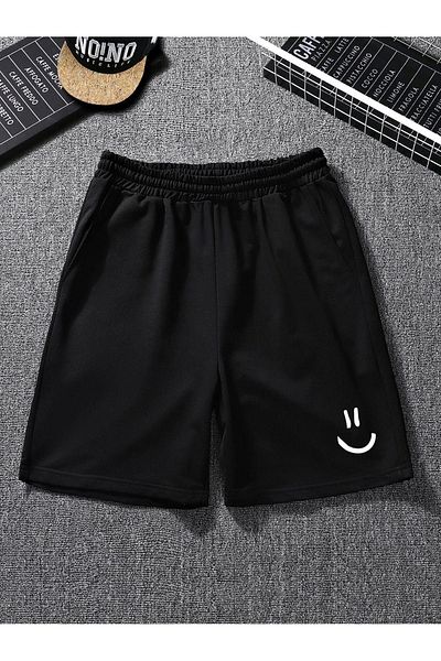 DUBU BUTİK Smiling Face Combed Cotton Shorts - Black Printed Short Without Cord