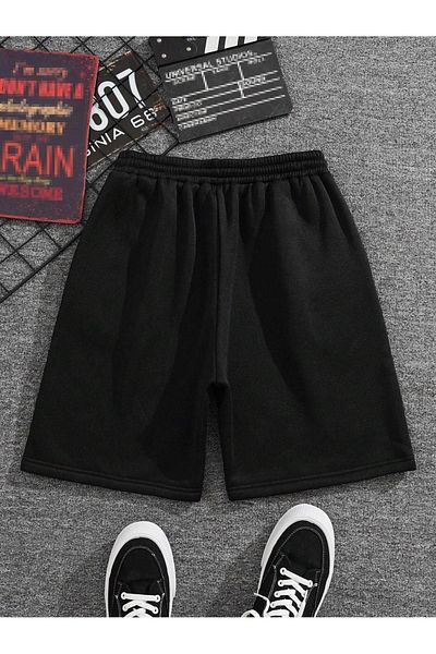 DUBU BUTİK Brooklyn New York Combed Cotton Shorts - Black Printed Short Without Cord