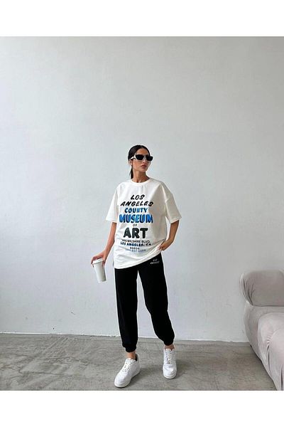 Sweetline Μπλουζάκι ART Printed Sweatpants Jogger-Printed Bottom Top Σετ φόρμας Oversize Crew Neck