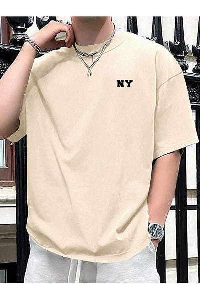 DUBU BUTİK Ny Summer Single Jersey T-Shirt - Beige Printed Oversize Crew Neck T-Shirt