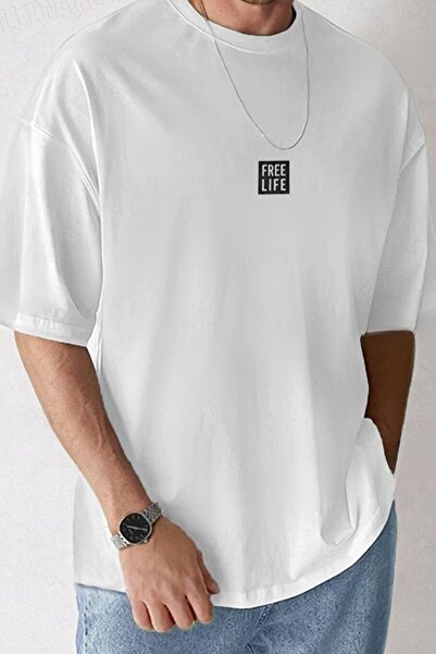 Sweetline Free Life Oversize White Printed T-shirt - Crew Neck Short Sleeve C...