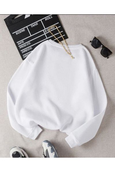 Sweetline Kiss Me Cat Sweatshirt - White Printed Oversize Winter Thick Cycling Yala