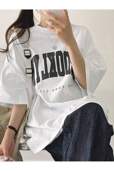 DUBU BUTİK Brooklyn Letter Single Jersey T-Shirt - White Printed Oversize Crew Neck T-Shirt
