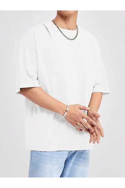 DUBU BUTİK Basic Single Jersey T-Shirt - White Oversize Crew Neck T-Shirt