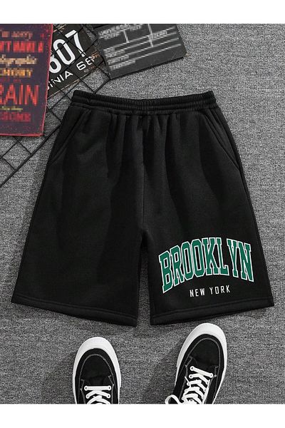 DUBU BUTİK Brooklyn New York Combed Cotton Shorts - Black Printed Short Without Cord
