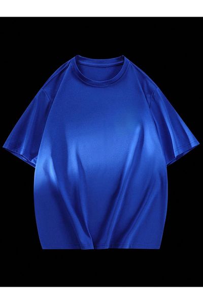 DUBU BUTİK Double Face Teddy Bear Single Jersey T-Shirt - Sax Blue Printed Oversize Crew Neck T-Shirt