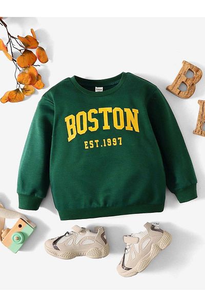 Sweetline Детски памучен суитшърт Boston 1997 - тъмнозелен с щампа за момичета и момчета, зимен, с велосипедна яка