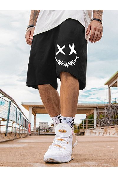 DUBU BUTİK X X Face Combed Cotton Shorts - Black Printed Short Without Cord