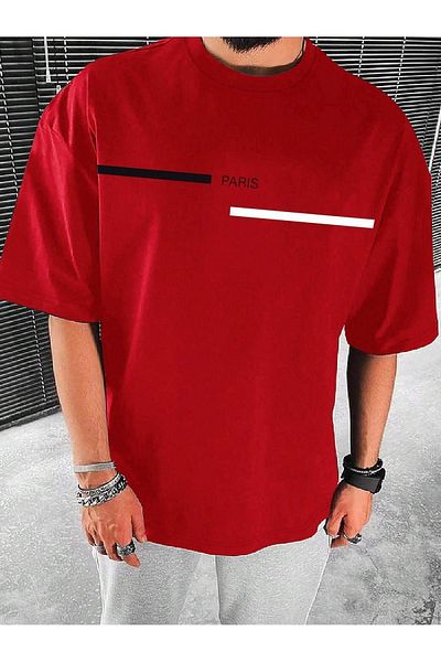 DUBU BUTİK Paris Line Single Jersey T-Shirt - Red Printed Oversize Crew Neck T-Shirt