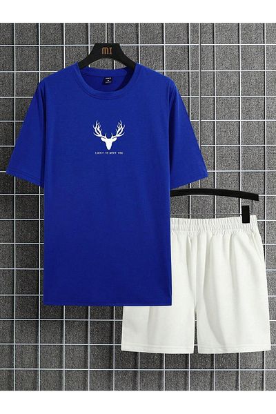 Sweetline Σορτς T-Shirt με λογότυπο Deer - Sax Blue White Bottom Shorts Team T-Shirt Combo Printed Crew Neck