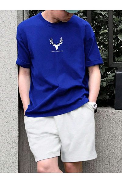 Sweetline Σορτς T-Shirt με λογότυπο Deer - Sax Blue White Bottom Shorts Team T-Shirt Combo Printed Crew Neck