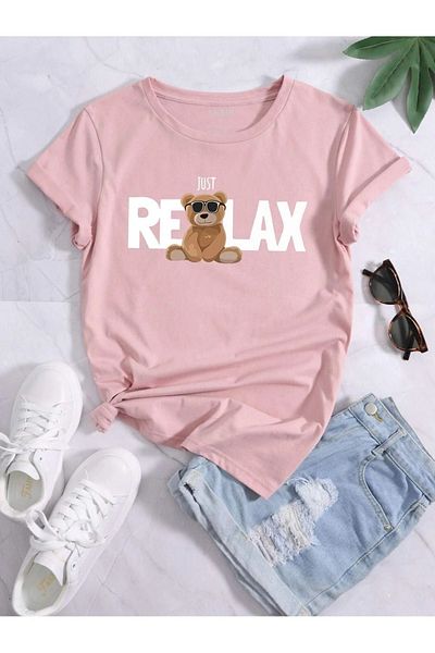 DUBU BUTİK Relax Bear Single Jersey T-Shirt - Pink Printed Oversize Crew Neck T-Shirt