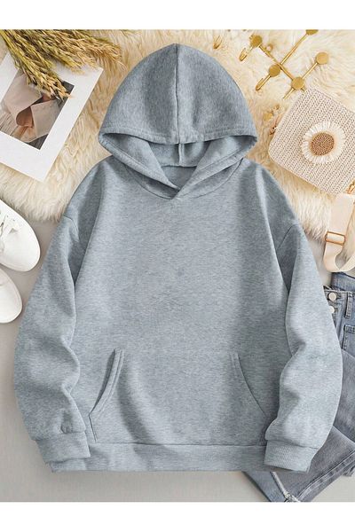 Sweetline Φούτερ Lip Coffee - Γκρι εμπριμέ Oversize Χειμερινή χοντρή κουκούλα