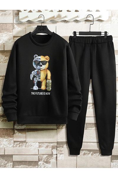Sweetline Σετ φόρμας Robot Bear Φούτερ Jogger - Μαύρο εμπριμέ Oversize Raster Crew Neck