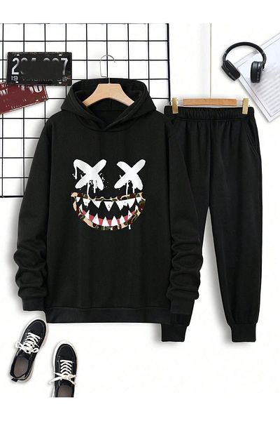 Sweetline Σετ αθλητικής φόρμας X Face Φούτερ Jogger Μαύρη στάμπα Oversize Raster Hooded