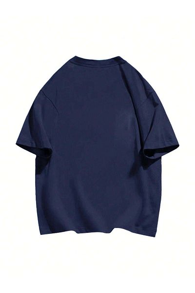DUBU BUTİK Lonely Bear Single Jersey T-Shirt - Navy Blue Printed Oversize Crew Neck T-Shirt