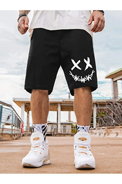 DUBU BUTİK X X Pantaloni scurți din bumbac pieptănat cu față - Pantalon scurt cu imprimeu negru, fără șnur