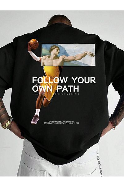 DUBU BUTİK Follow Your Path Single Jersey T-Shirt - Black Printed Oversize Crew Neck T-Shirt