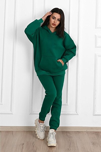 Sweetline Basic Απλό Σετ Φούτερ Jogger - Nefti Green Oversize Şardonlu Hooded