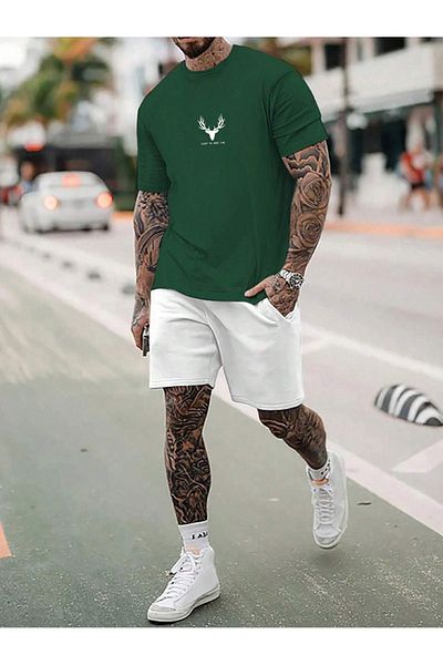 Sweetline Σορτς T-Shirt με λογότυπο Deer - Nefti Green White Bottom Σορτς Team T-Shirt Combined Printed Crew Neck