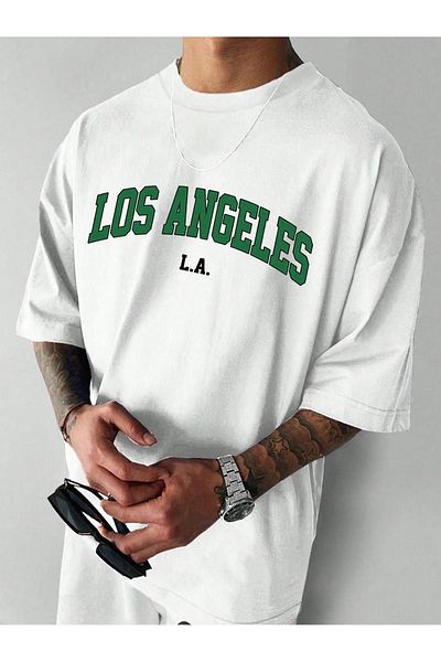DUBU BUTİK Los Angeles L.A Single Jersey T-Shirt - White Printed Oversize Crew Neck T-Shirt