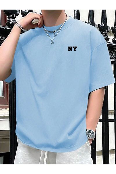 DUBU BUTİK Ny Text Single Jersey T-Shirt - Baby Blue Printed Oversize Crew Neck T-Shirt
