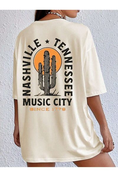DUBU BUTİK Nashville Tennessee Single Jersey T-Shirt - Beige Printed Oversize Crew Neck T-Shirt