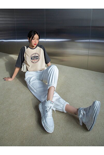 Sweetline Μπεζ Smoked Baguels Printed Crop T-shirt - Raglan μανίκι, Oversize Crew Neck