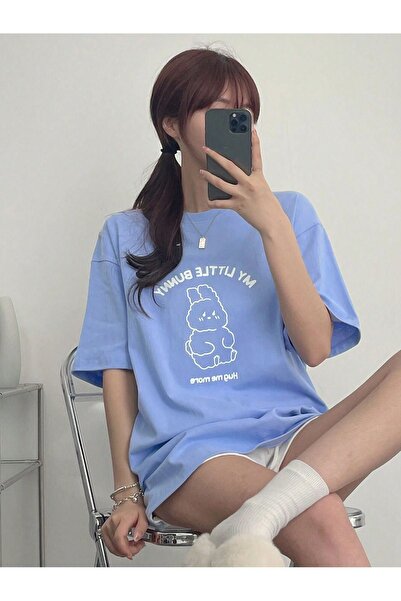 DUBU BUTİK Tricou cu mânecă scurtă cu aspect de iepuraș mic - Tricou supradimensionat cu mânecă scurtă, albastru bebeluș