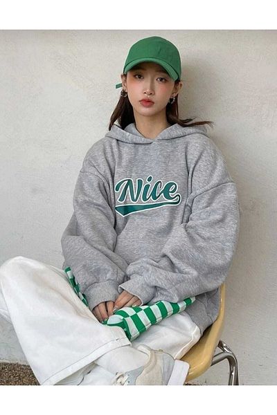 Sweetline Nice Sweatshirt - Gray Printed Oversize Winter Thick Hoodie
