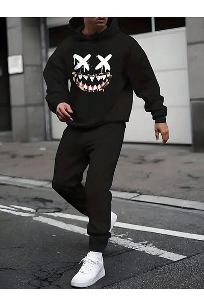 Sweetline Σετ αθλητικής φόρμας X Face Φούτερ Jogger Μαύρη στάμπα Oversize Raster Hooded
